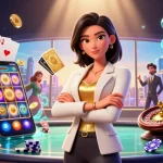 79king illuminates the gaming scene with a powerful Asian woman displaying her cards amid colorful casino elements.