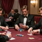 RR88 players strategizing during an intense poker game in a luxurious casino.