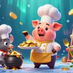 Engage with S8-themed slot fun featuring chef pig, sous-chef mouse, and critic frog in a lively casino.
