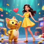 Experience luck with lc88 as Asian woman interacts joyfully with golden cat amidst casino vibes.