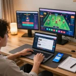Engaging online betting experience with nhà cái fly88 interface on laptop and smartphone in a cozy setup.