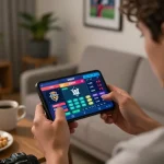 Engaged user placing bets on 999bet app on tablet during thrilling sports event.