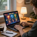 Engaging online gaming session with 79KING casino games on laptop, cozy home workspace atmosphere