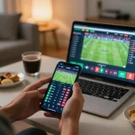 Engaged five88z player making live sports bets on smartphone, cozy home atmosphere with streaming events.