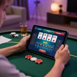 Engaged player strategizing with 58win app on tablet during online gambling session