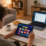 FLY88 user immersed in online casino gameplay on tablet, showcasing engaging gaming environment.