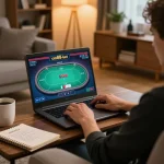 Engaging player using cm88-bet for an online poker game from a cozy living room setting.