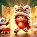 Experience the thrilling excitement of go8vn with a vibrant 3D lion dance illustration, celebrating online casino games.