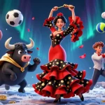 O8 showcases a stunning dynamic casino scene with a dancing woman, a fighting bull, and vibrant sports elements.