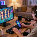 Engaging in gaming strategies on FLY88 mobile app amidst a cozy environment.