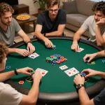 Friends enjoying a lively poker game at home with OPEN88 cards and chips visible.