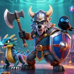 M88 casino adventure featuring a Viking wolf warrior, fierce dragon, arcade games, and vibrant casino elements.