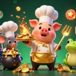 Experience thrilling gameplay with af88 as a chef pig serves golden coins amidst vibrant casino elements.