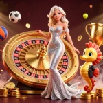 Experience thrilling betting with tylebongda—stunning woman beside a golden roulette wheel and sports elements.
