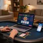 Player enjoying immersive LC88 live dealer game on laptop in stylish home setup