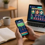 Player using the JUN88 app for exciting online betting, surrounded by gaming strategy notes.
