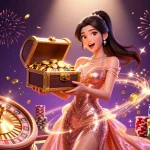 Win big with KO 66 as a stunning Asian woman showcases treasure in a vibrant casino scene.