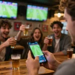 Excited bettor engaging in live soccerbetting at a sports bar with friends cheering