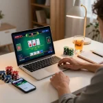 Engaging in online blackjack gameplay on laptop while planning sports betting strategies with fooballl context.