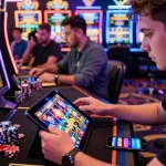 Excited player enjoying TG88 COM online slot game with vibrant graphics and casino chips.