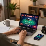 Person engaged in online casino gaming on 13win-asia, showcasing a laptop with a poker game interface and strategic notes nearby.