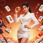 Zowin captivates with a striking casino scene featuring an Asian woman adorned in luxury, expertly balancing a roulette ball amidst vibrant gaming elements.
