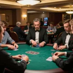 KJC players strategizing in a thrilling poker game with vibrant chips and warm casino ambiance.