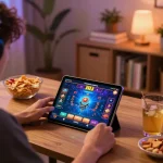 Enjoying Jili games on a tablet during an engaging online casino session in a cozy home setup
