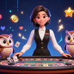 Sbo bet scene featuring an Asian woman dealer and cartoon owl assistant at a baccarat table amidst vibrant gaming elements.