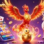 Kuwincom showcases a vibrant 3D phoenix and mystical stag, celebrating casino wins with gaming elements.