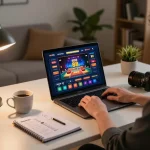 Player engaging with sc88 online casino game on laptop in a stylish home office