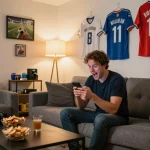 Footballresults sports betting scene with a person celebrating a winning bet on their smartphone.