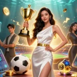 Win at hm88 with a victorious Asian woman in a luxurious gown amidst vibrant casino elements.