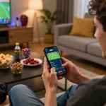 Betting enthusiast using the 89bet app on a smartphone while enjoying the game at home.