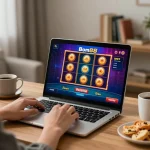 Experience Bom88 uy tín while enjoying online slots in a cozy gaming setup with snacks and a laptop.