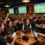 Socolive sports fans cheering while live betting on soccer matches in an energetic bar setting.