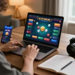 Tài Xỉu online uy tín gameplay shown on laptop with player engaged in strategic betting.