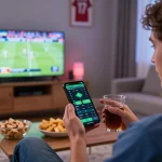 Cà khịa tv player engaging in live betting using mobile app while watching sports, creating an immersive gaming experience.