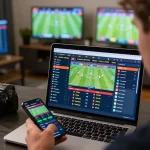 Engaged bettor using stepballl to analyze live sports betting odds in a modern home office