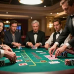 Players strategizing at a lively blackjack table featuring 90P gaming excitement in a luxury casino.