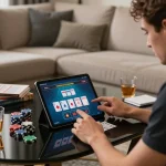 Play blackjack online with the Link nhà cái Rik88 on a tablet, showcasing engaging gameplay and a cozy setting.