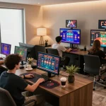 Players actively engaging with JUN88's online casino platform in a stylish home office.