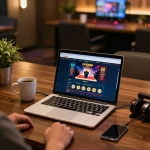 Engaging in online gambling at OPEN88 with a laptop, showcasing a cozy and strategic betting experience.