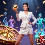 S8 slots launch showcasing a glamorous Asian woman in casino attire holding a roulette ball.