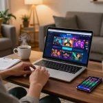 Engaging in online gambling with Sunwintop on a laptop amidst a cozy home setting.