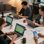 Tylekeo sports bettors monitor live events on laptops and smartphones, excited for winning strategies.