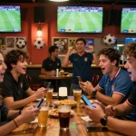 Fans placing football bets in a lively sports bar during an exciting match.