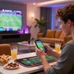 Exciting sports betting at xx88 with a player using a smartphone in a modern lounge atmosphere.