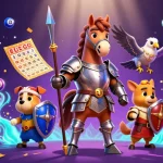 Engage in thrilling gaming with 98win as knights, a puppy, and a falcon celebrate amidst lottery elements.