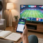 Betting on 789Win using a smartphone in a cozy living room setting with sports highlights on TV